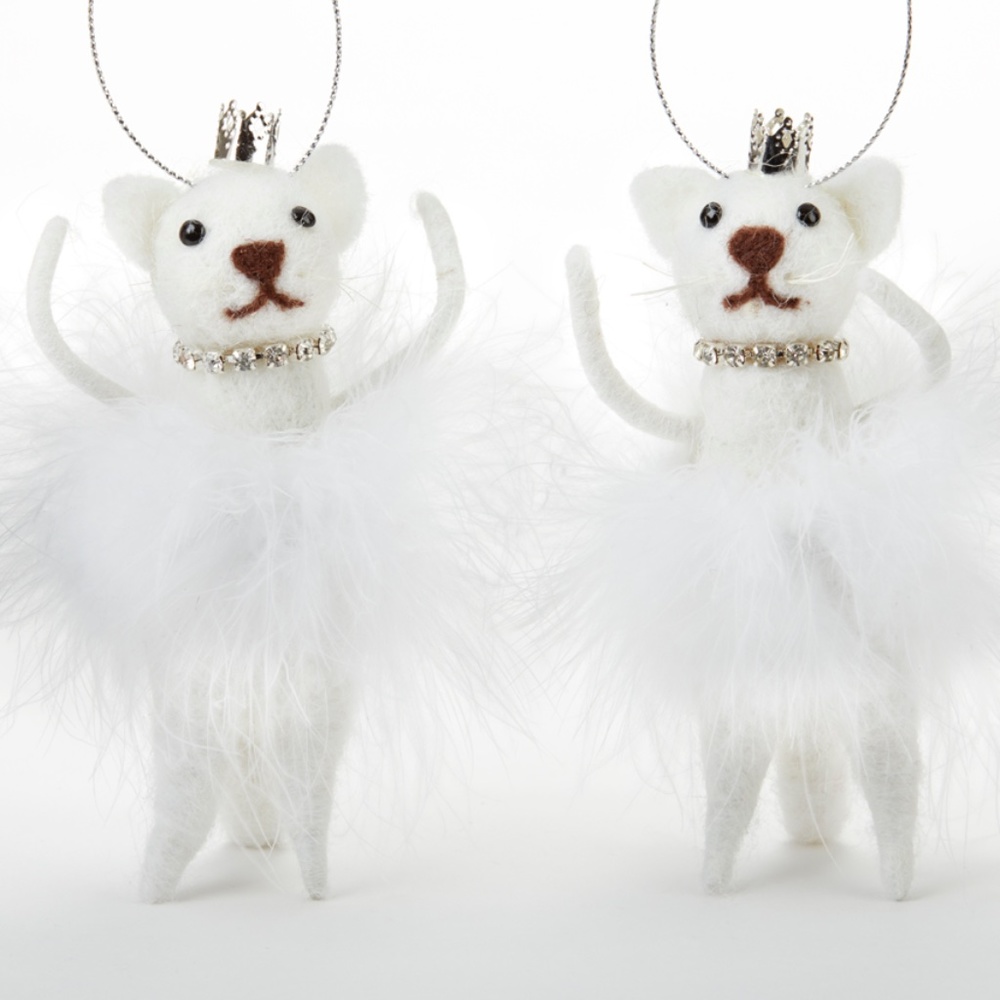 Set 2 felted wool  Crown Princess Kitty White Cat Feather Skirt Ornament New
